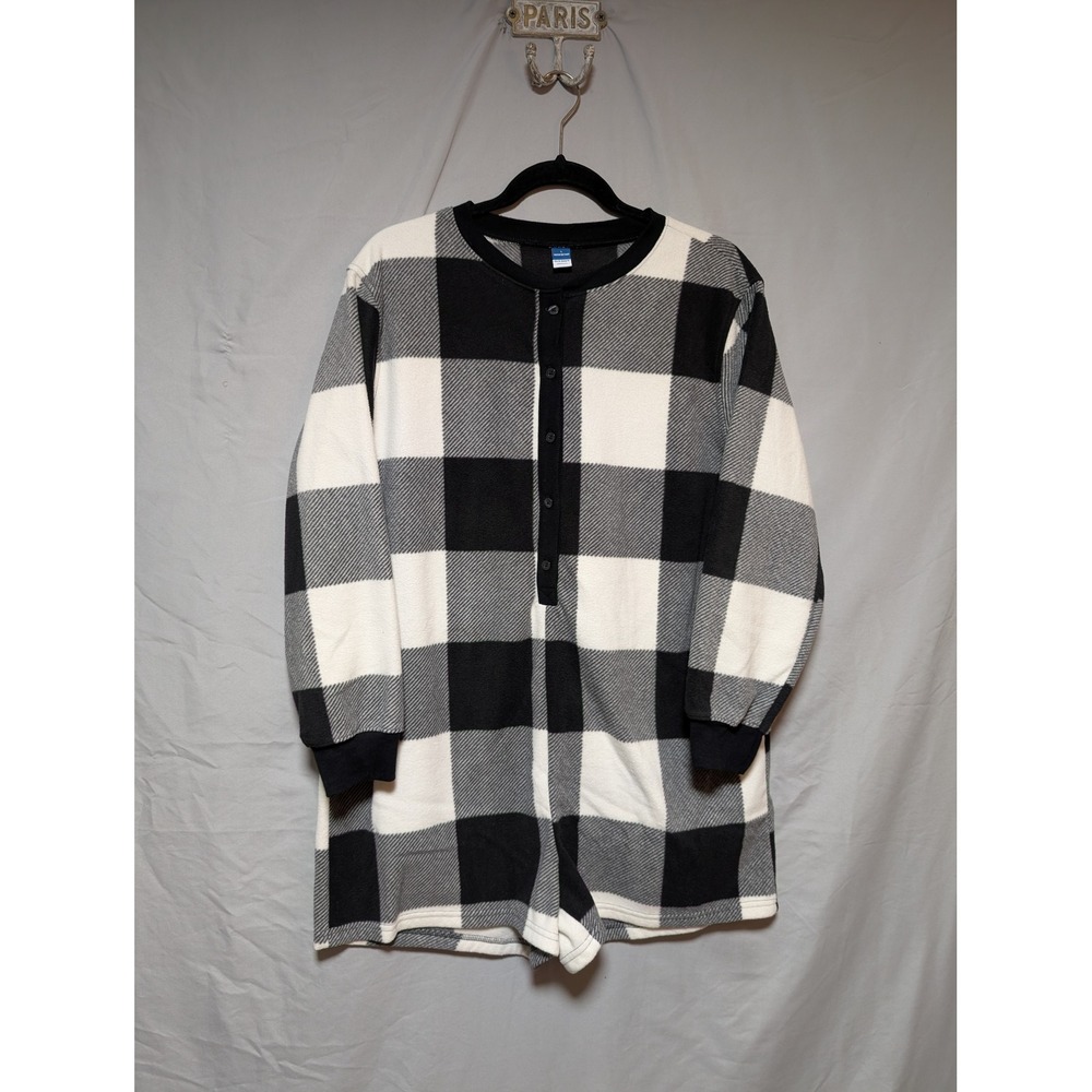 Old Navy Black White Buffalo Plaid Fleece Romper Pajama Henley‎ Women's Large